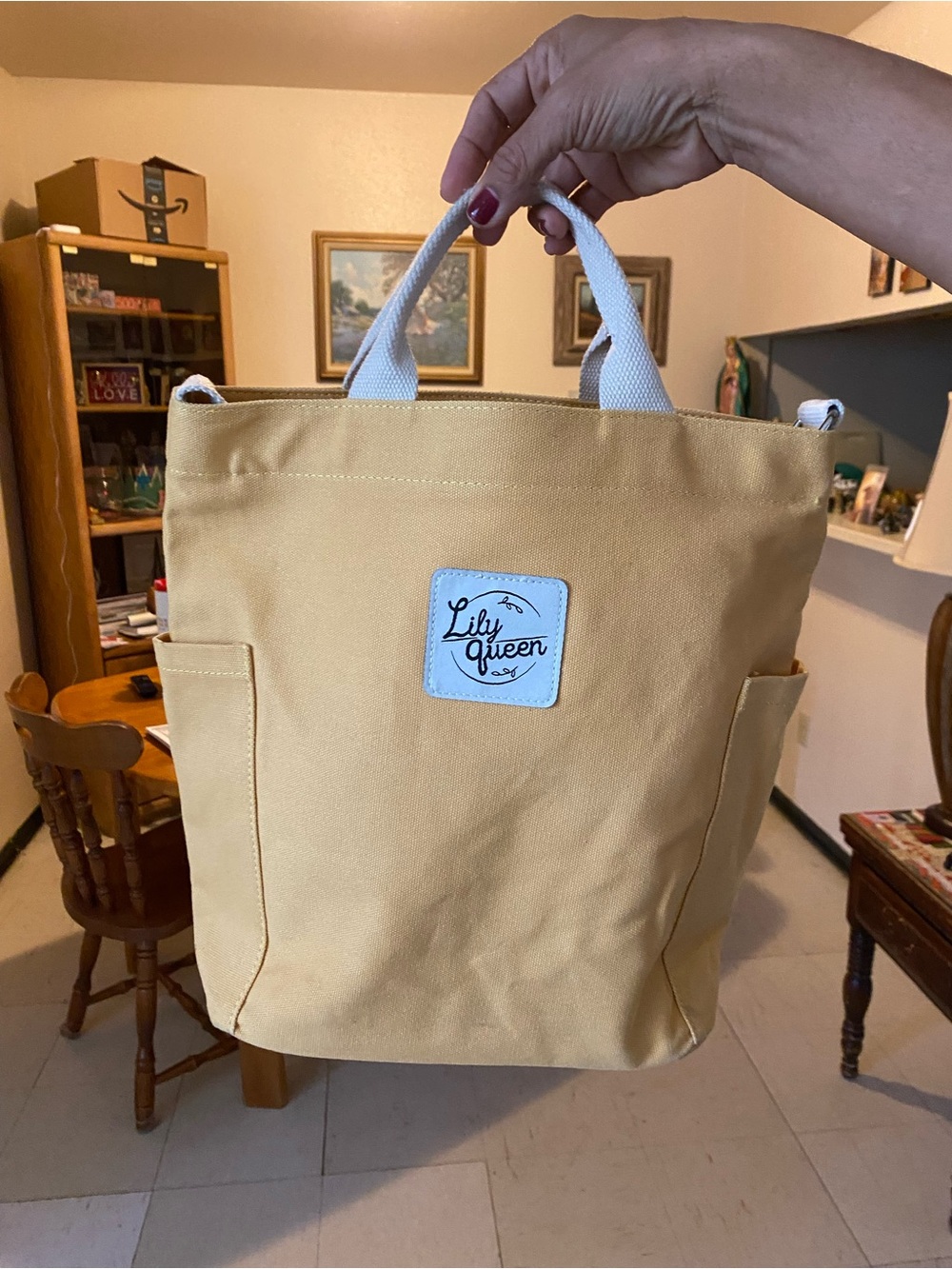 Yellow Canvas Tote Bag with White Handles